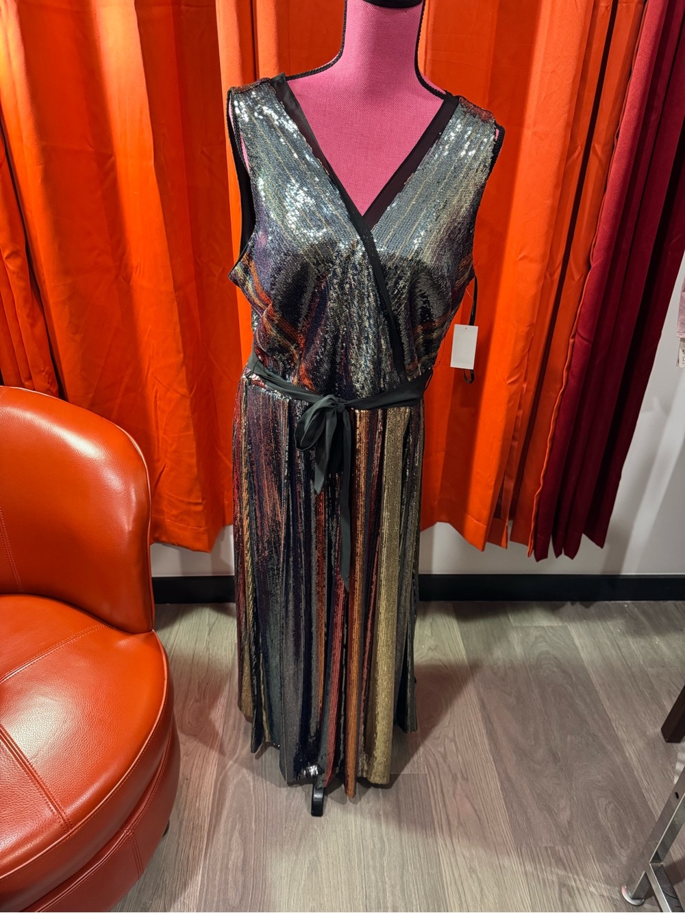 julia jordan Black and Gold Metallic Stripe Maxi Wrap Dress